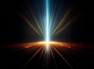 Obraz premium A brilliant beam of light pierces the darkness, emanating from a bright horizon, creating a mesmerizing cosmic spectacle. The light rays spread, converging at a distant point.