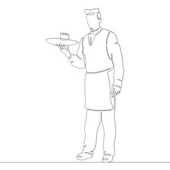 Male waiter with a tray of food drinks at work in a cafe restaurant. One continuous drawing line, logo single hand drawn art doodle isolated minimal illustration.