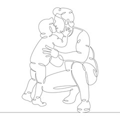 A young male father spends time, plays with a small child son. One continuous drawing line, logo single hand drawn art doodle isolated minimal illustration.
