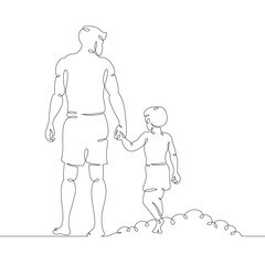 A young male father with his son walks along the beach. One continuous drawing line, logo single hand drawn art doodle isolated minimal illustration.