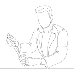Male laboratory assistant scientist doctor with a big pet in his hands makes an analysis. One continuous drawing line, logo single hand drawn art doodle isolated minimal illustration.