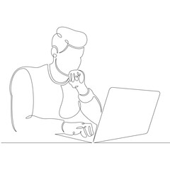 Young male designer student manager works at the laptop. One continuous drawing line, logo single hand drawn art doodle isolated minimal illustration.