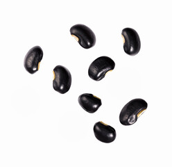 Pile of organic dried legumes such as black beans, azuki beans and rajma beans, soybeans placed separately on different surfaces on a black and white background.