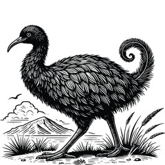 illustration of Moa bird, black and white moa bird line vector style, extinct animal © Nurjen