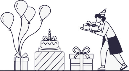 Happy birthday, celebration, gift, line illustration, vector illustration
