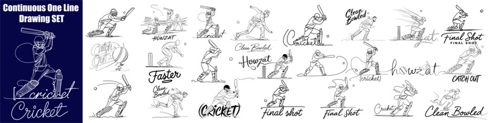 Cricket set Continuous One Line Drawing Vector Art