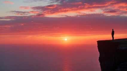 Breathtaking Sunset Scene: Lone Silhouette on a Cliff Against a Vibrant Horizon of Oranges and Pinks