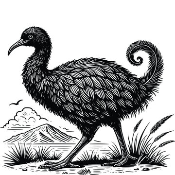 illustration of Moa bird, black and white moa bird line vector style, extinct animal