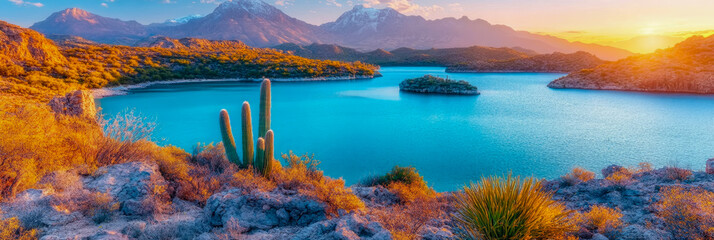 Scenic Mountain Lake at Sunset: A breathtaking view of a tranquil turquoise lake nestled amidst rugged mountains, bathed in the warm golden hues of a setting sun.  Cactus and desert flora add to the 