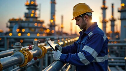  Professional factory worker walking and d with a tablet on Industrial background. Male expert looking the refinery premises or gas pipeline. Heavy Industry Engineer Wearing Safety Uniform - Powered by Adobe