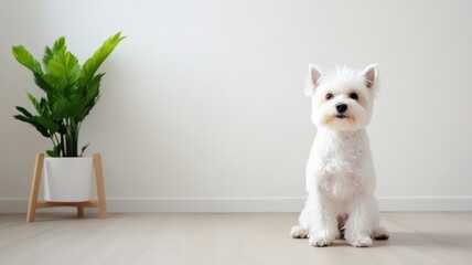 Fluffy white dog sitting beside a vibrant potted plant in a bright, sunlit room.