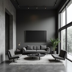 Industrial dark style interior design, 3D rendering