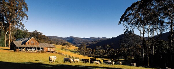 Obraz premium Cattle graze pasture; barn, valley backdrop. Rural scene, idyllic farm