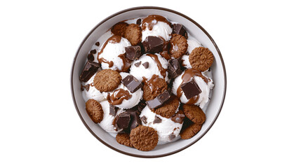 A bowl of creamy chocolate ice cream with chocolate cookies, isolated on a transparent background, offering a sweet and indulgent dessert experience for chocolate lovers and food photo.