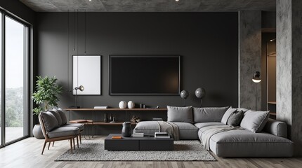 Industrial dark style interior design, 3D rendering