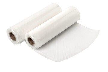 Rolls of vacuum sealer bags unrolling on white background