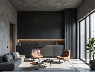 Industrial dark style interior design, 3D rendering