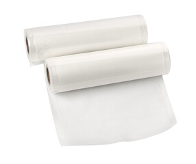 Rolls of vacuum sealer bags unrolling on white background