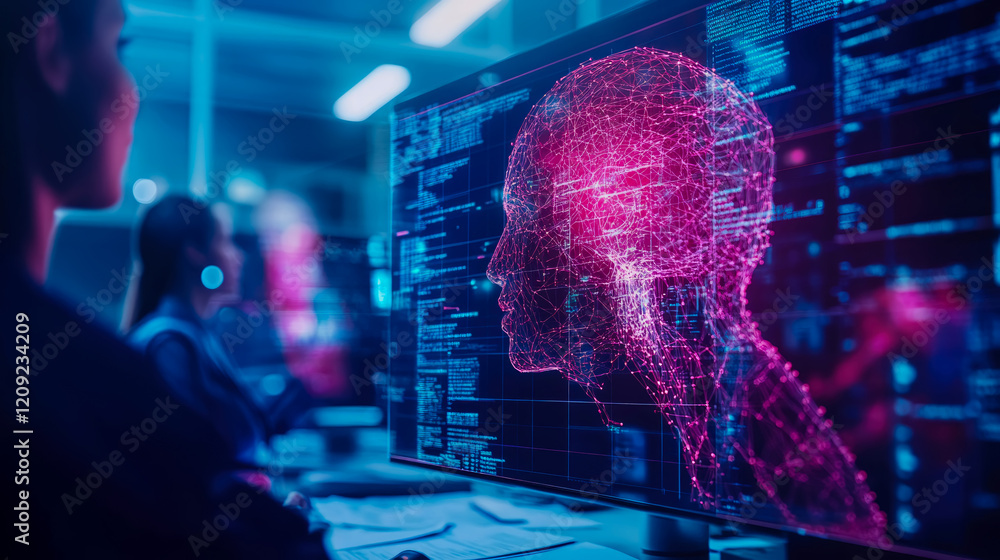 Poster cybernetic head on a computer screen: futuristic tech and digital brain interface