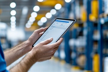 A person is holding a tablet in a bright warehouse, likely managing inventory or logistics with a focused expression.
