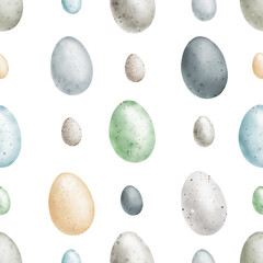 Delicate Easter eggs on seamless pattern. Watercolor digital illustration. Pink, blue, green and yellow eggs with cute spots isolated on white background. Spring and Easter theme, dragon eggs