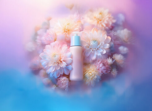 A pastel pink cosmetic bottle rests on a bed of soft, dreamy pink and white flowers. The background is a blurred, ethereal blend of purple and blue hues.  The image evokes feelings of serenity and bea