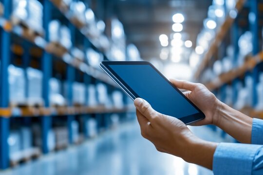 A person holds a tablet in a warehouse, surrounded by shelves filled with boxes, suggesting inventory management or logistics.