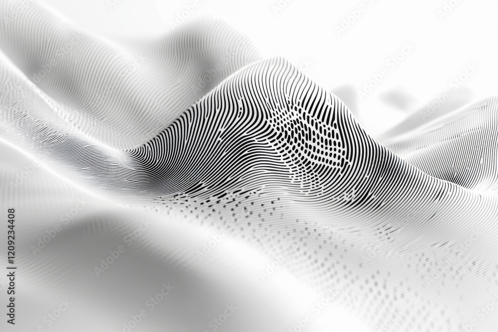 Poster wave-like pattern created from intricate lines illustrating fluid movement and depth in monochrome t