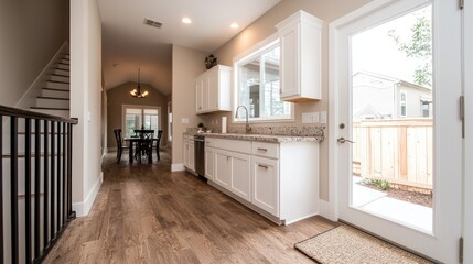 Modern kitchen hallway leads to dining area and backyard
