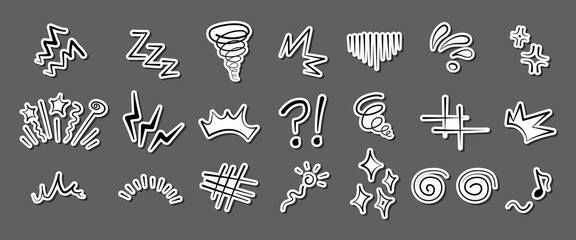 Manga or anime comic emoticon element graphic effects hand drawn doodle vector illustration set isolated on gray background. Sticker style manga doodle line expression scribble anime mark collection