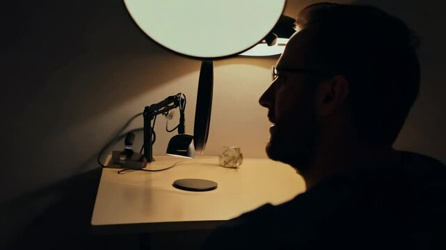 The camera rotates around an introspective male podcaster, low key lighting, dimly lit room, single desk lamp, reflective surface under microphone, dramatic shadows and highlights