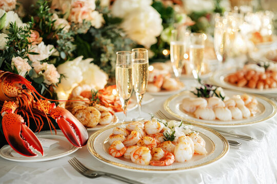 Wedding reception table beautifully arranged with gourmet seafood dishes and sparkling drinks for an elegant celebration