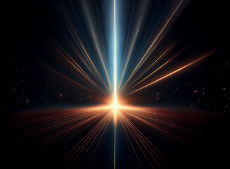 Obraz premium A vibrant, central light beam bursts from a radiant core, extending across a dark, starlit expanse. Speed and energy are implied by the dynamic light streaks.