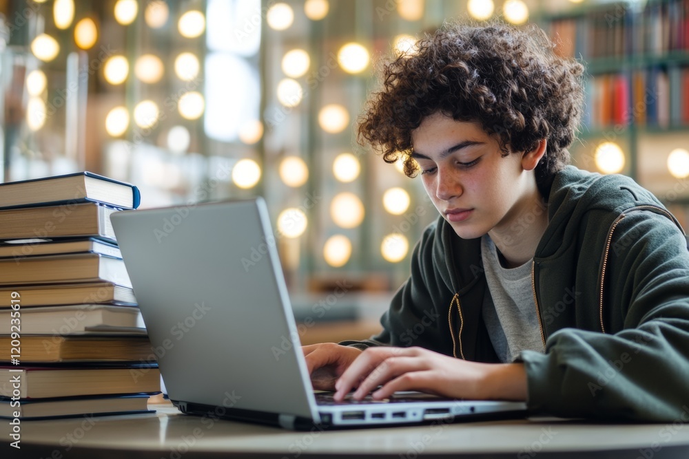 Poster high school student sits at a table, typing on a laptop while surrounded by stacks of books. the bac