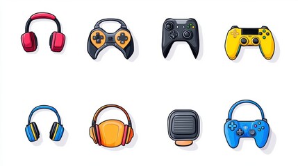 Colorful Gaming Accessories Including Headphones and Controllers