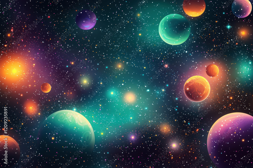 Poster explore a vibrant cosmic pattern filled with colorful planets and sparkling stars in an imaginative 