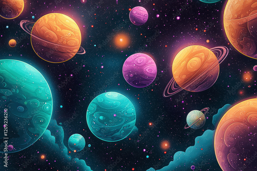 Aufkleber whimsical cosmic pattern with vibrant planets and colorful celestial elements in a dreamy space sett