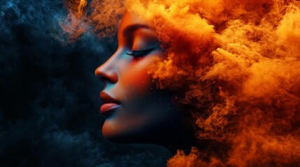 Mystical Woman Profile in Vibrant Orange and Blue Smoke Artistic Portrait