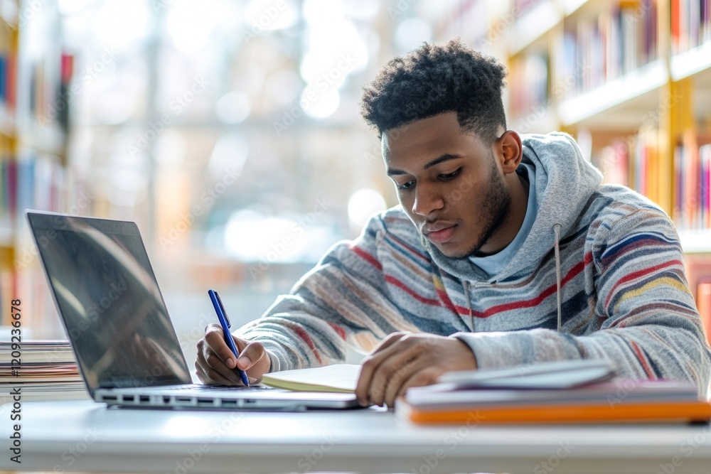Poster focused student writes in a notebook surrounded by textbooks and a laptop in a well-lit library. the