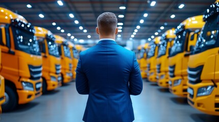 Businessman observing fleet of yellow trucks in spacious warehouse, showcasing logistics operations