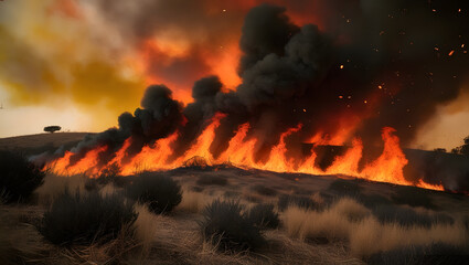 Fototapeta premium Wildfire Forest Fires Caused by Climate Change, Brush and Tree Landscape Burning with Flame