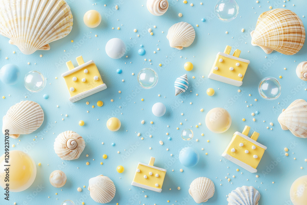 Aufkleber whimsical nautical pattern featuring tiny shells and colorful elements on a soft blue background