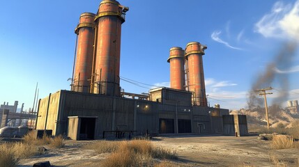 Abandoned Industrial Factory with Silos and Blue Sky
