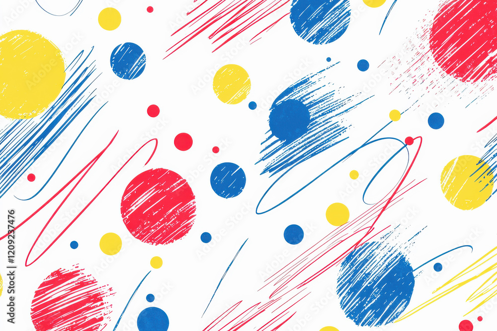Poster whimsical hand-drawn dot pattern featuring colorful circles and dynamic strokes for playful designs