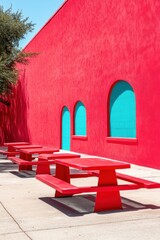 Vibrant red picnic tables line a bright red wall with teal arched windows. Sunny outdoor scene.
