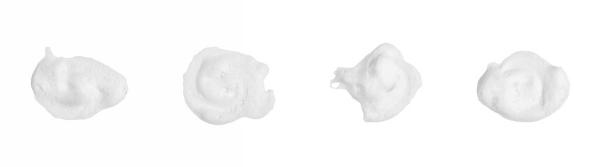 Isolated on a white background, a heap of foamy, soapy suds, created by shampoo and body wash, forms a thick, fluffy texture in the shape of bubbles, their abstract pattern and transparent surface