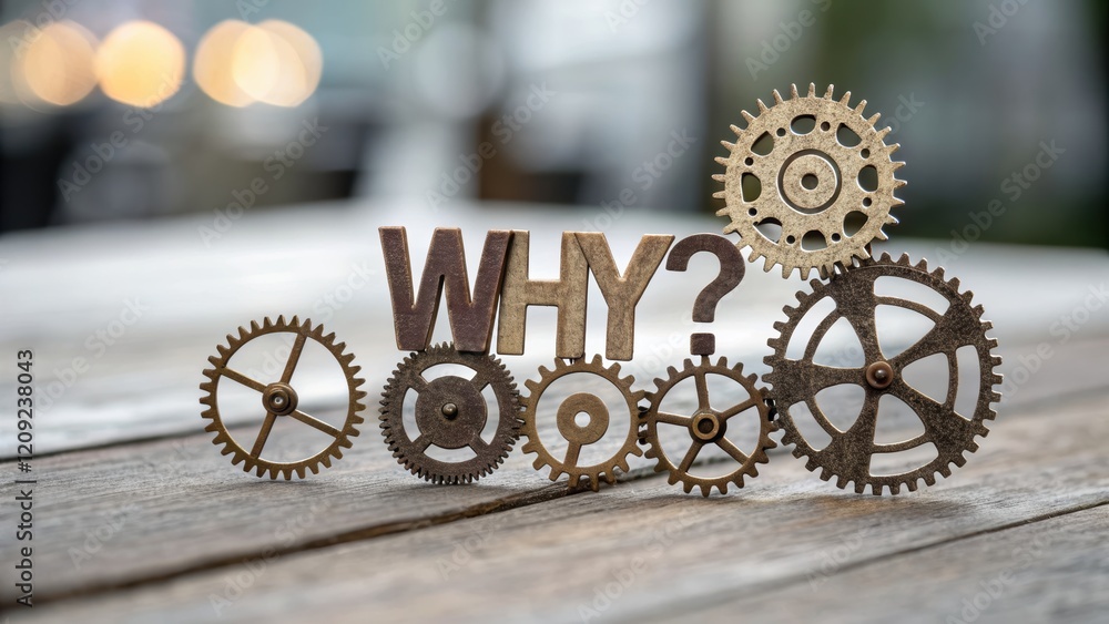 Poster 5 why analysis concept, rustic gears with the word why displayed creatively