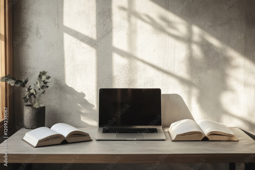 Poster a bright workspace showcases a minimalist desk, highlighting a laptop and a single open book under s