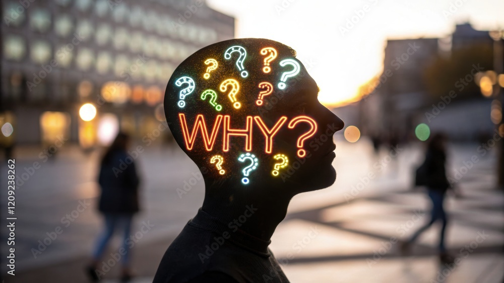 Poster 5 why analysis concept, silhouette with neon question marks and why text