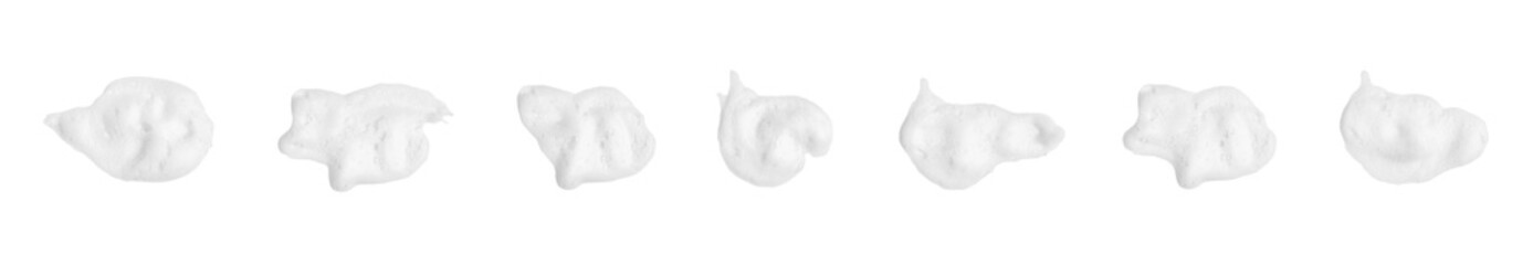 Isolated on a white background, a heap of foamy, soapy suds, created by shampoo and body wash, forms a thick, fluffy texture in the shape of bubbles, their abstract pattern and transparent surface